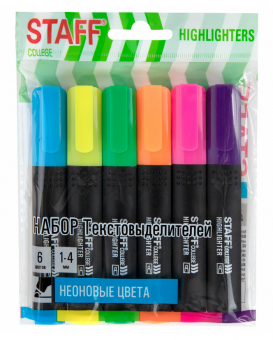 Набор текстовыделителей 6 НЕОНОВЫХ ЦВЕТОВ, АССОРТИ, STAFF College "STICK NEON", линия письма 1-4 мм, скошенный наконечник, 152534