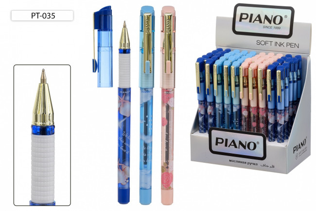 Ручка шариковая 0,5мм синяя, на масляной основе, игольчатый наконечник и клип золотые, Piano/PT-035 (50)