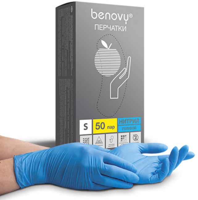 Перчатки нитриловые смотровые 50 пар (100 штук), размер 6-7, S (малый), голубые BENOVY Nitrile Chlorinated, К