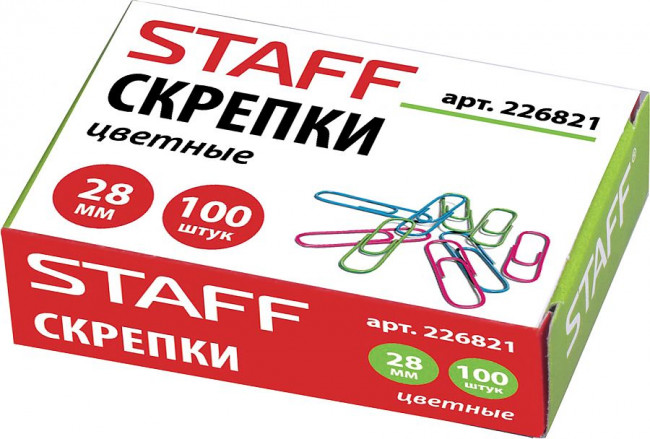 Скрепки STAFF "Manager", 28 мм, цветные, 100 шт., в картонной коробке