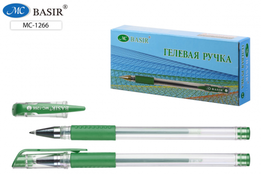 Гелевая ручка: прозрачный корпус, резиновый держатель, колпачок с цветным клипом / в цвет чернил/, диаметр пишущего узла - 0,5 mm; цвет чернил - зел.