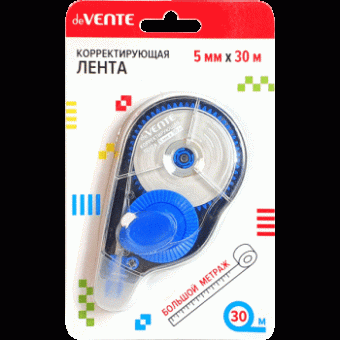 Корректирующая лента "deVENTE" 5 ммx30 м, синий полупрозрачный корпус, боковой аппликатор, в картонном блистере Корректирующая лента "deVENTE" 5 ммx30 м, синий полупрозрачный корпус, боковой аппликатор, в картонном блистере