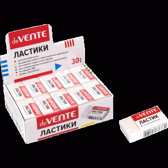 Ластик "deVENTE" синтетический каучук, прямоугольный белый, 39x21x10 мм, dust-free, в индивидуальной упаковке с штрих кодом, в картонном дисплее