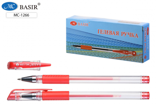 Гелевая ручка: прозрачный корпус, резиновый держатель, колпачок с цветным клипом / в цвет чернил/, диаметр пишущего узла - 0,5 mm; цвет чернил - крас.