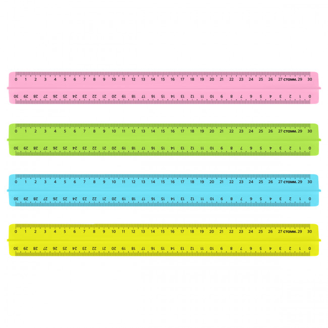Линейка 30см СТАММ, пластиковая, с держателем, прозрачная, неоновые цвета, ассорти
