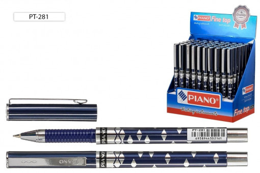 Ручка шариковая 0,7мм синяя, корпус с серебристым рисунком, колпачок с серебристым клипом, Piano/PT-281-A (50)