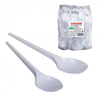 Одноразовые ложки столовые 165 мм, КОМПЛЕКТ 100 шт., "БЮДЖЕТ", пластиковые, LAIMA