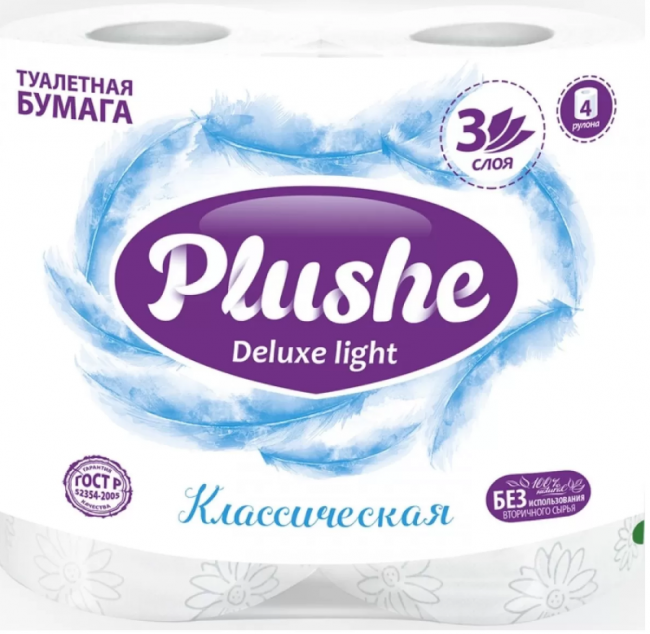 Туалетная бумага 4 рулона, 3 слоя, белая, "Deluxe" Plushe