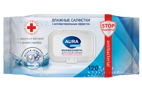 Салфетки влажные 120 шт., AURA Family, антибактериальные, для всей семьи, крышка клапан