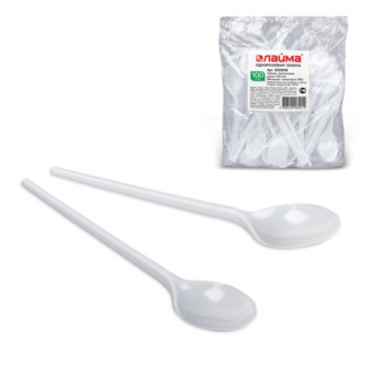 Одноразовые ложки чайные 125 мм, КОМПЛЕКТ 100 шт., "БЮДЖЕТ", пластиковые, белые, LAIMA
