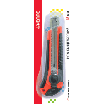 Нож канцелярский "deVENTE" 18 мм, c 2-мя запасными лезвиями, металлические направляющие, ручная блокировка лезвия, каучуковые вставки, картонный блистер, черный с красным Нож канцелярский "deVENTE" 18 мм, c 2-мя запасными лезвиями, металлические направляющие, ручная блокировка лезвия, каучуковые вставки, картонный блистер, черный с красным