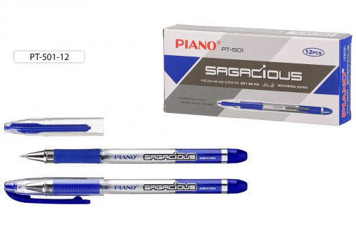 Ручка шариковая на масляной основе "Piano Sagacious", серебристый корпус, игольчатый наконечник, резиновый держатель, 0.7 мм цвет чернил синий