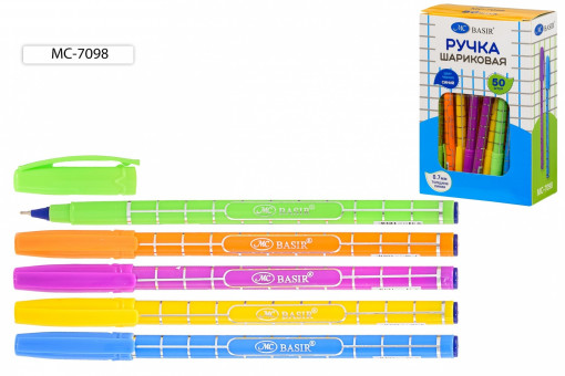 Ручка шариковая с чернилами на масляной основе: цветной яркий корпус /ассорти/, серебристый рисунок-клетка, вентилируемый колпачок, 0,7 mm, цвет синий