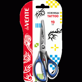 Ножницы канцелярские "deVENTE. Tattoo" 19 см, двухцветные прорезиненные кольца с лепестками, протравленная гравировка на лезвиях, в картонном блистере