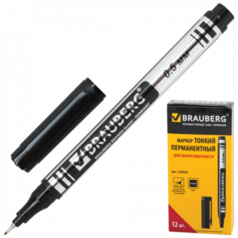 Маркер перманентный (нестираемый) BRAUBERG "Jet", ЧЕРНЫЙ, супертонкий металлический наконечник, 0,5 мм (12)