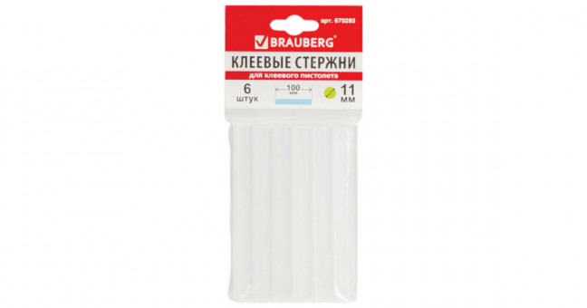 Клеевые стержни, диаметр 11 мм, длина 100 мм, прозрачные, комплект 6 шт., BRAUBERG, европодвес