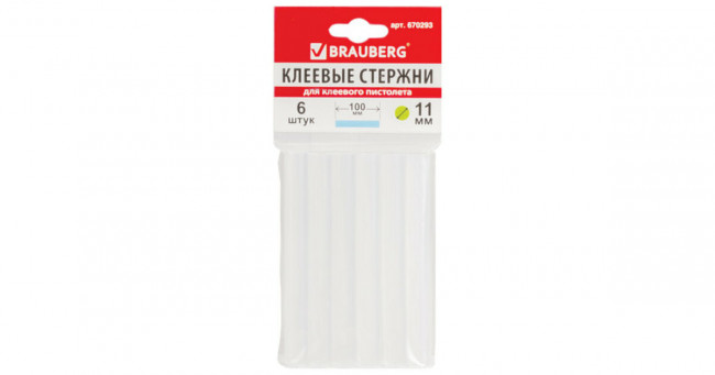 Клеевые стержни, диаметр 11 мм, длина 100 мм, прозрачные, комплект 6 шт., BRAUBERG, европодвес