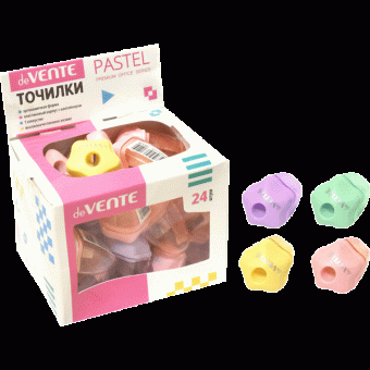 Точилка для карандашей "deVENTE. Pastel" 1 отверстие, пластмассовая с контейнером, каждая с индивидуальной маркировкой, в картонном дисплее, ассорти