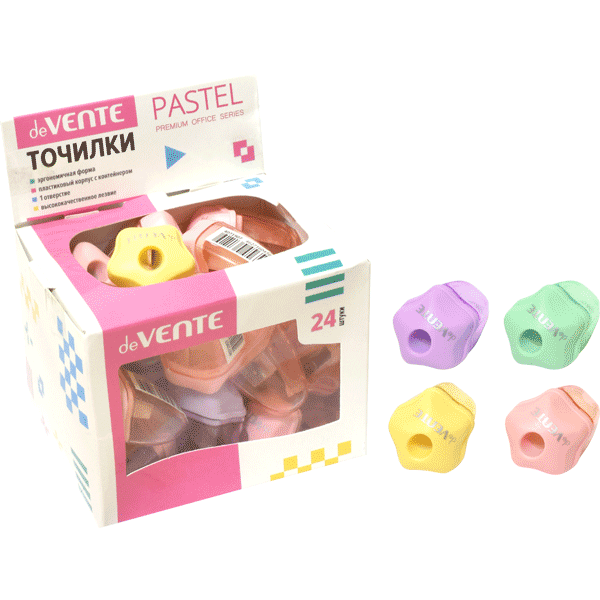 Точилка для карандашей "deVENTE. Pastel" 1 отверстие, пластмассовая с контейнером, каждая с индивидуальной маркировкой, в картонном дисплее, ассорти