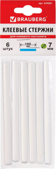 Клеевые стержни, диаметр 7 мм, длина 100 мм, прозрачные, комплект 6 шт., BRAUBERG, европодвес