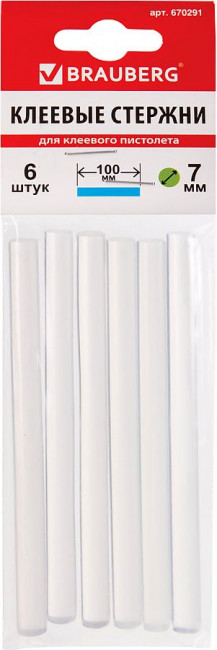 Клеевые стержни, диаметр 7 мм, длина 100 мм, прозрачные, комплект 6 шт., BRAUBERG, европодвес