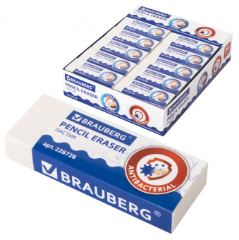 Ластик BRAUBERG "АНТИБАКТЕРИАЛЬНЫЙ", 58х22х12 мм, белый, прямоугольный, картонный держатель