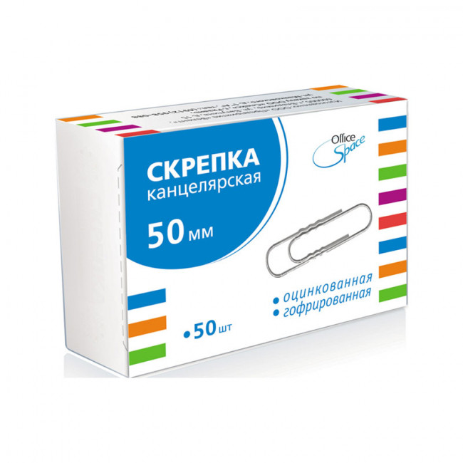 Скрепки 50мм, OfficeSpace, 50шт., оцинкованные гофрированные, карт. упаковка