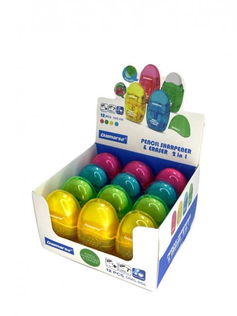 Точилка пластиковая на 1 отверстие , с ластиком, ассорти 4 цвета, Daimarse (12)