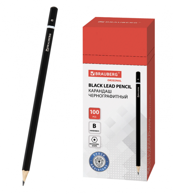 Карандаш чернографитный BRAUBERG, 1 шт., "Touch line", В, корпус черный, заточенный