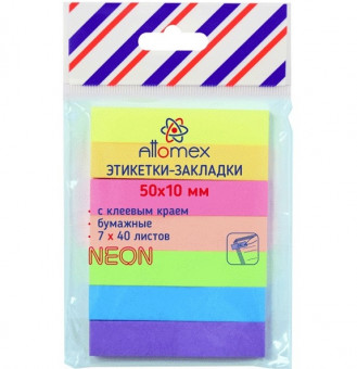 Набор самоклеящихся этикеток-закладок "Attomex" бумажные 50x10 мм, 7x40 листов, офсет 75 г/м², 7 неоновых цветов, в пластиковом пакете с европодвесом