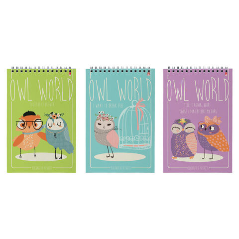 Блокнот А5  40л. гребень, Альт "Совы", (5 видов), ламинированный картон, клетка, 3-40-024