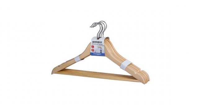 Вешалки-плечики, размер 48-50, КОМПЛЕКТ 5шт, деревянная, перекладина, цвет сосна, BRABIX "Стандарт"