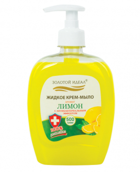 Мыло-крем жидкое 500 г ЗОЛОТОЙ ИДЕАЛ "Лимон", с антибактериальным эффектом, дозатор, 606786