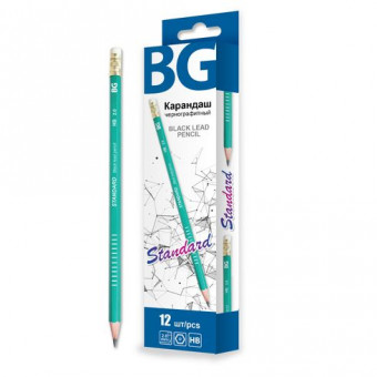 Карандаш чернографитный BG "STANDARD", шестигранный, HB, с резинкой (12)