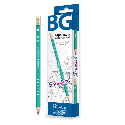 Карандаш чернографитный BG "STANDARD", шестигранный, HB, с резинкой (12)
