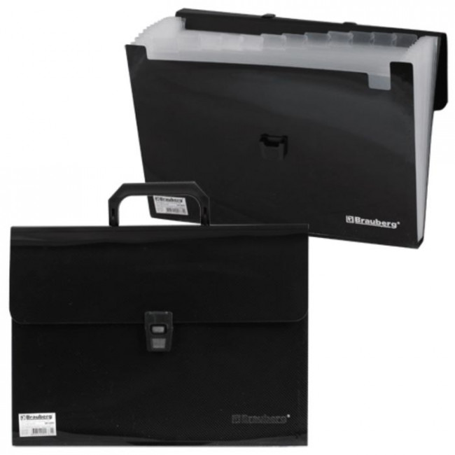 Папка-портфель пластиковая BRAUBERG А4 (332х245х35 мм), 13 отделений, фактура диагональ, черная
