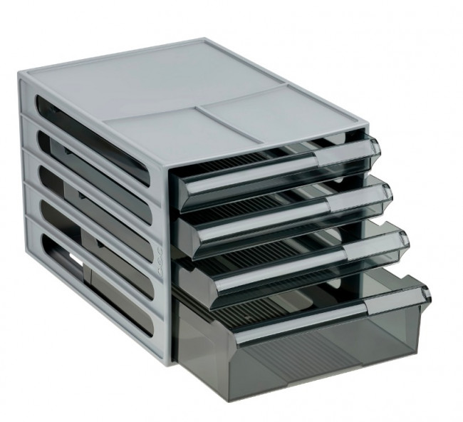 Блок из 4 выдвижных лотков СТАММ, серый корпус, тонированные черные лотки