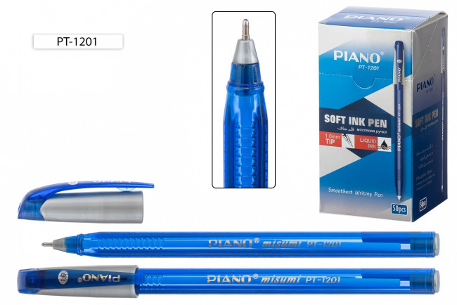 Ручка шариковая с чернилами на масляной основе, "Piano"; одноразовая; форма корпуса треугольная, синий тонированный, серый колпачок; цвет чернил-синий