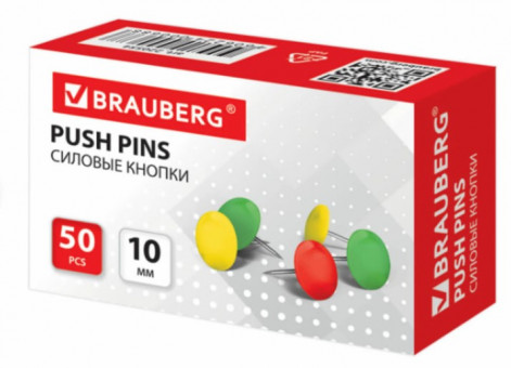 Кнопки канцелярские BRAUBERG, металлические, цветные, 10 мм, 50 шт., в картонной коробке