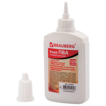 Клей ПВА BRAUBERG (бумага, картон, дерево), 125 г