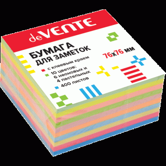 Клейкая бумага для заметок "deVENTE" 76x76 мм, 400 листов, офсет 75 г/м², 6 неоновых и 4 пастельных цветов