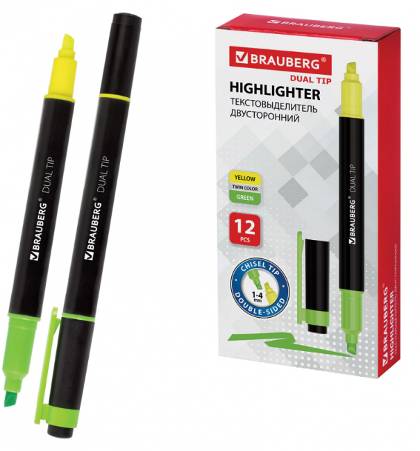 Текстовыделитель двусторонний BRAUBERG, ЖЕЛТЫЙ/ЗЕЛЕНЫЙ, линия 1-4 мм, 150841