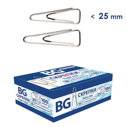 Скрепки 25 мм. BG 100 шт., никелированные треугольные, с отогнутым носиком (10) Скрепки 25 мм. BG 100 шт., никелированные треугольные, с отогнутым носиком (10)