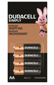 Батарейки КОМПЛЕКТ 4 шт. (отрывной блок) DURACELL Simply ОРИГИНАЛ, AA (LR6, 15А), алкалиновые, пальчиковые, Б0046868