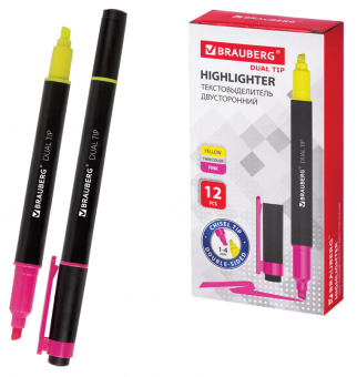 Текстовыделитель двусторонний BRAUBERG, ЖЕЛТЫЙ/РОЗОВЫЙ, линия 1-4 мм, 150840