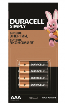 Батарейки КОМПЛЕКТ 4 шт. (отрывной блок), DURACELL Simply ОРИГИНАЛ, AAA (LR03,24А), алкалиновые, мизинчиковые, Б0046869