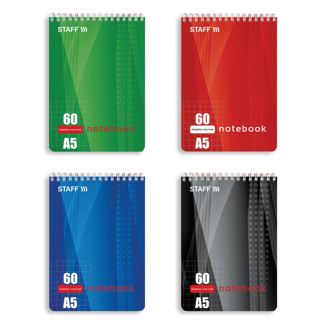 Блокнот А5 (146х205 мм), 60 л., гребень, жесткая подложка, клетка, STAFF, (4 )