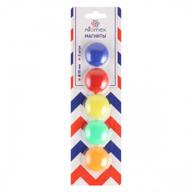 Магнит для доски офисной "Attomex" d=30 мм, 5 шт, цвета ассорти, в картонном блистере