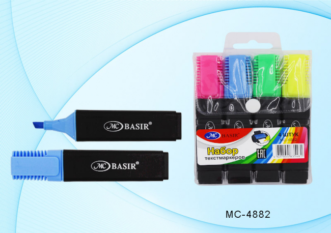 Набор текстмаркеров: флуоресцентные, корпус чёрный, цветной колпачок с клипом, упаковка с европодвесом, 4 цвета. Набор текстмаркеров: флуоресцентные, корпус чёрный, цветной колпачок с клипом, упаковка с европодвесом, 4 цвета.