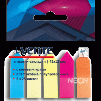 Набор самоклеящихся этикеток-закладок "deVENTE" пластиковые полупрозрачные в форме стрелки 45x12 мм, 5x25 листов, 5 неоновых цветов, в пластиковом пакете с европодвесом